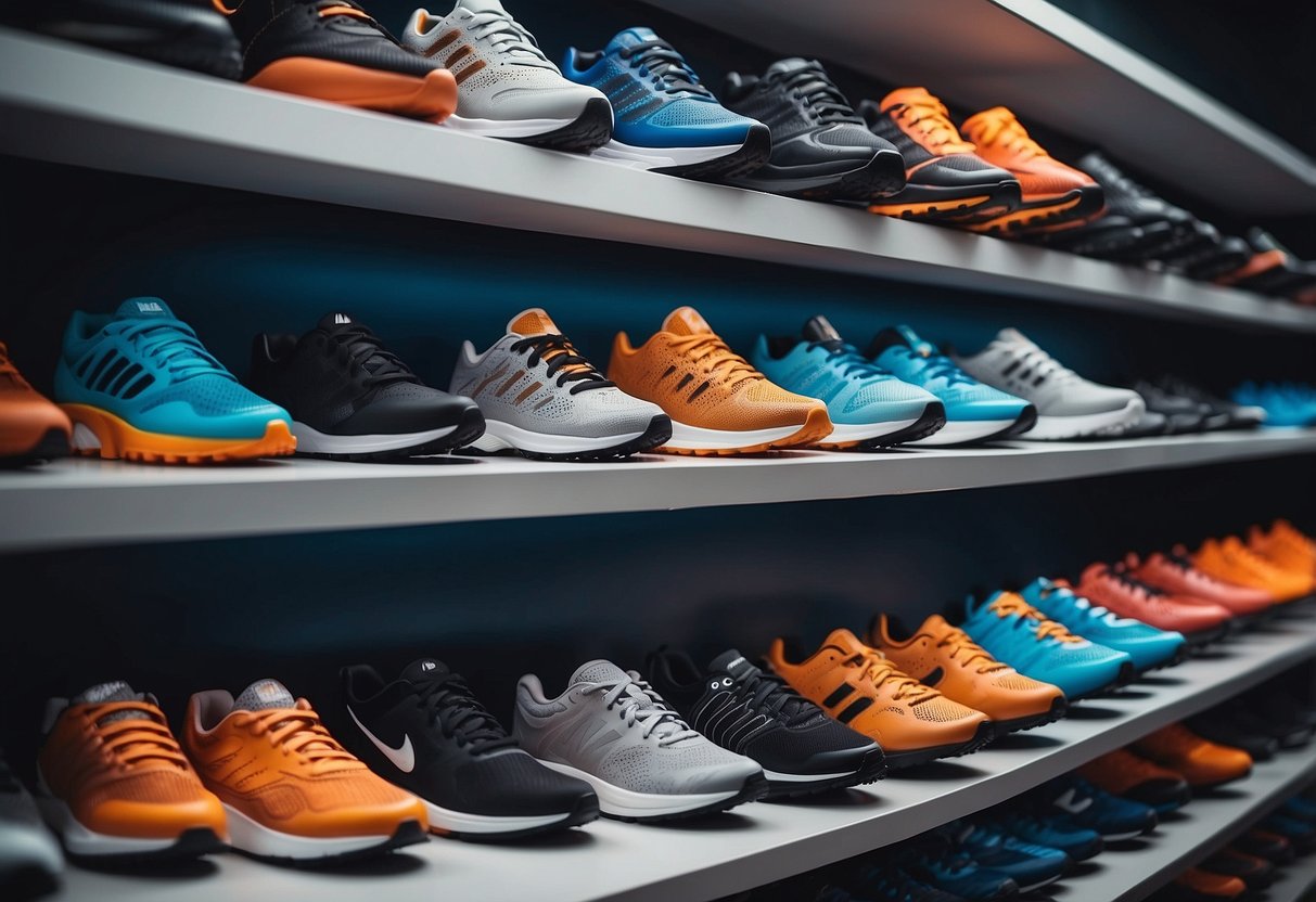 A variety of sports shoes displayed on shelves, with emphasis on
different sizes and fits. Futuristic designs and trend-focused styles
are
showcased